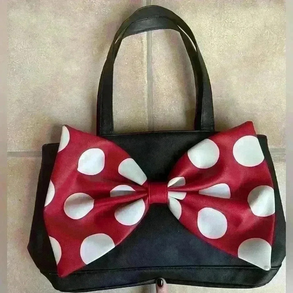 DISNEY PARKS MINNIE MOUSE black handbag with large red bow and white polka dots - Picture 6 of 6